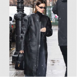 Hailey Bieber Street Style Leather Coat